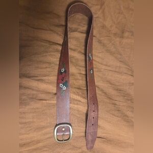 Floral Print Leather Belt With Gold Buckle